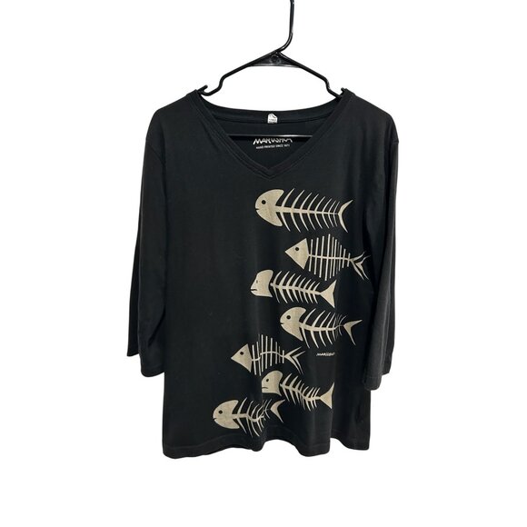 Marushka Fishbone Graphic Tee Black V-Neck 3/4 Sleeve Hand Painted Essentials - Picture 1 of 11